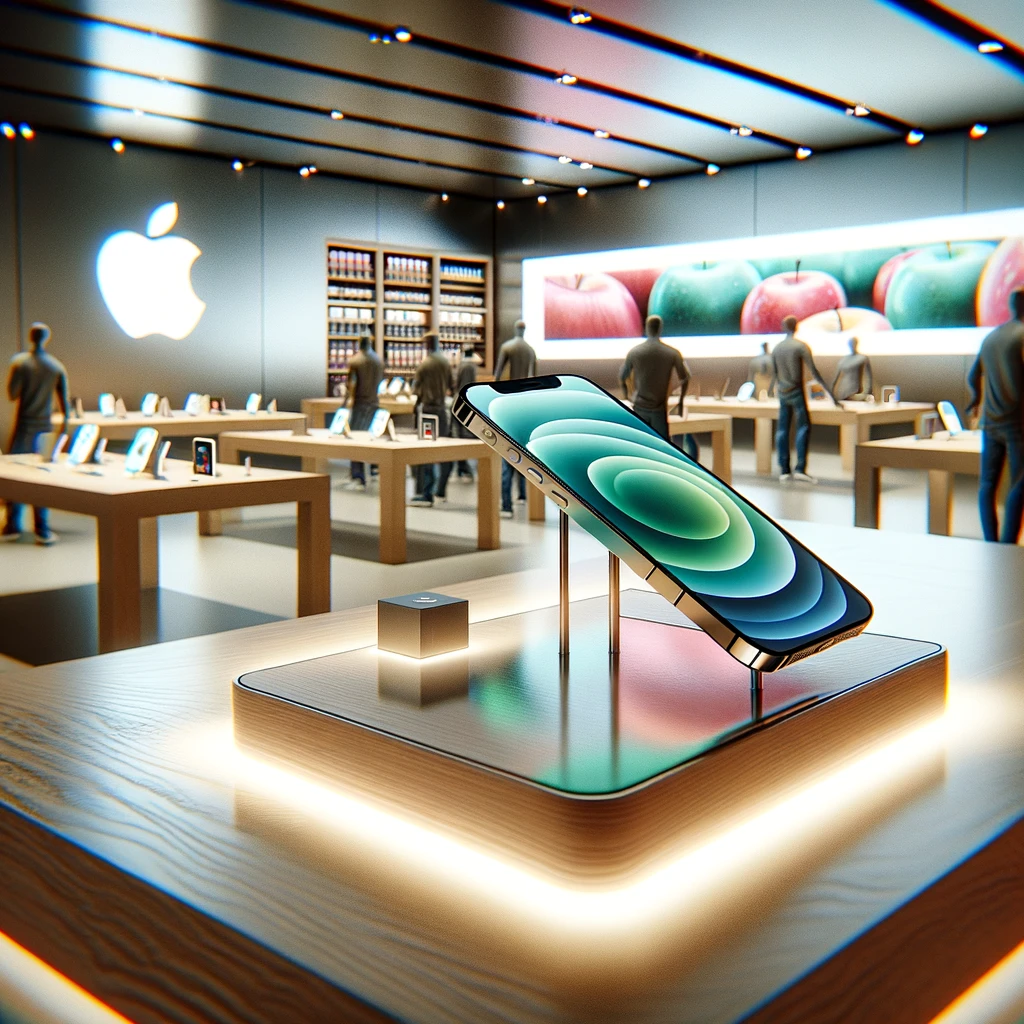Here's the illustration depicting an iPhone 12 displayed inside an Apple Store, highlighting the device's features and the sophisticated ambiance of the store.