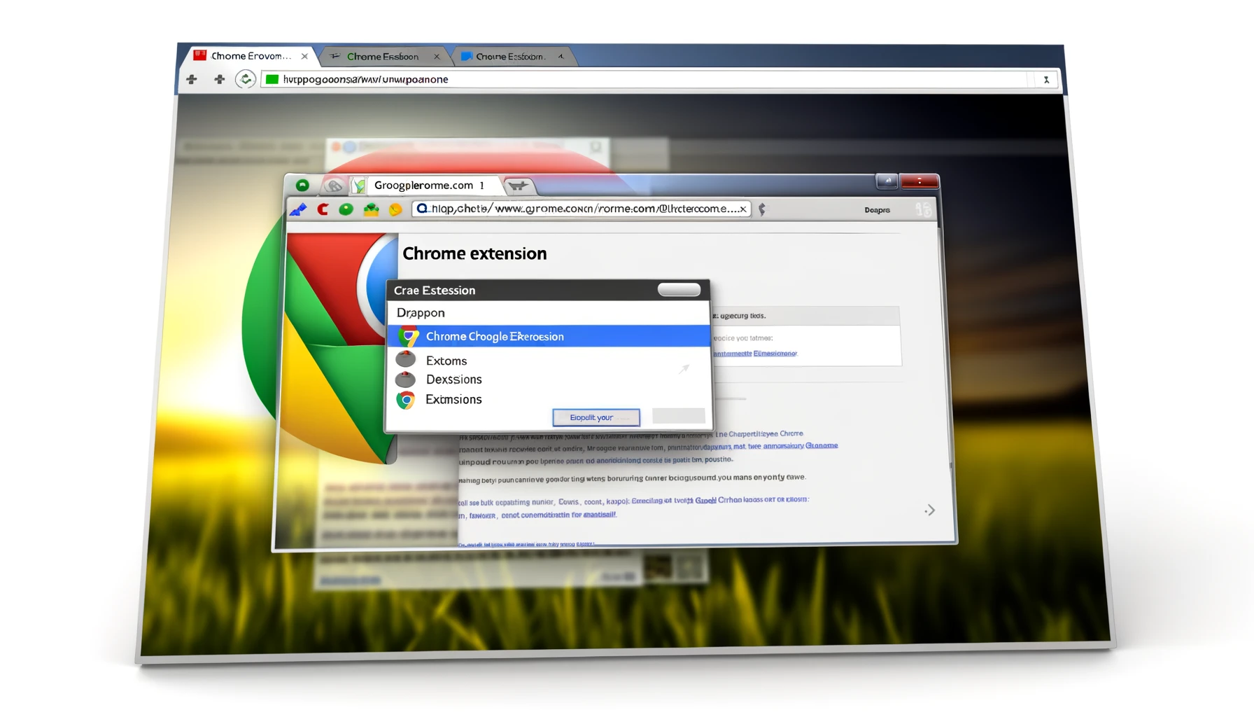 The images above depict a detailed and realistic representation of a Google Chrome browser window, highlighting the interface of a Chrome extension.