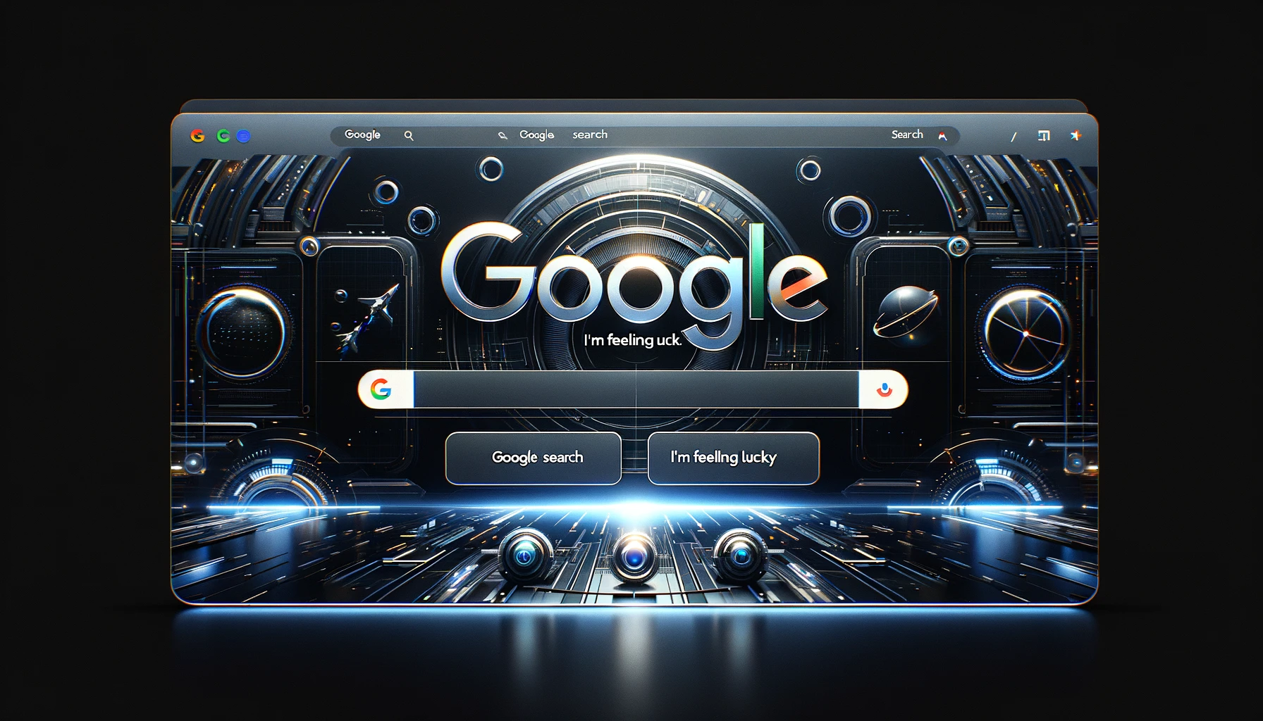 The image above presents a sleek and modern interpretation of the Google homepage, featuring a futuristic aesthetic.