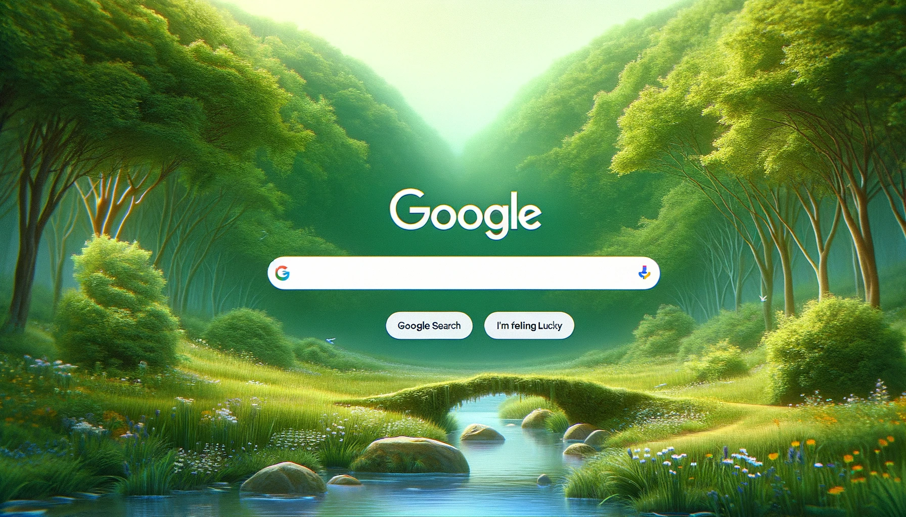 The image above envisions a serene and nature-inspired version of the Google homepage, where technology harmoniously blends with the natural world.
