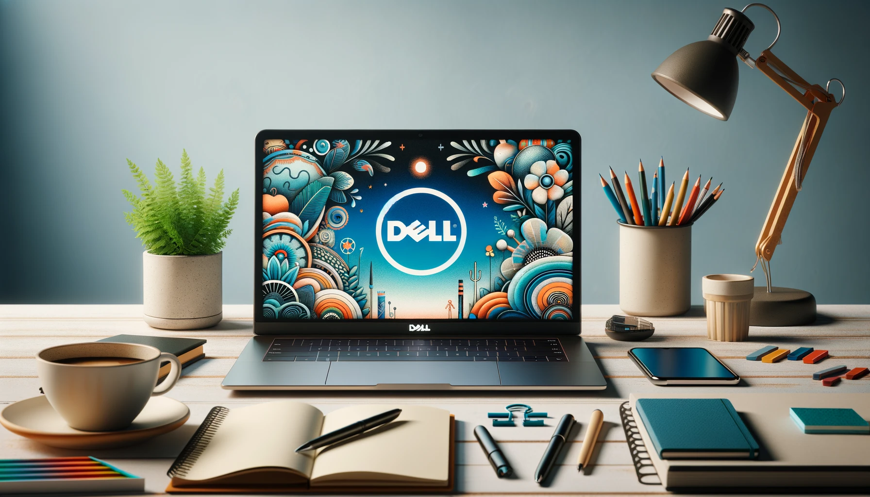 The image above presents a visually appealing stock photo showcasing a Dell laptop, perfectly complemented by creative workspace elements to evoke a sense of productivity and creativity within a modern work setting.