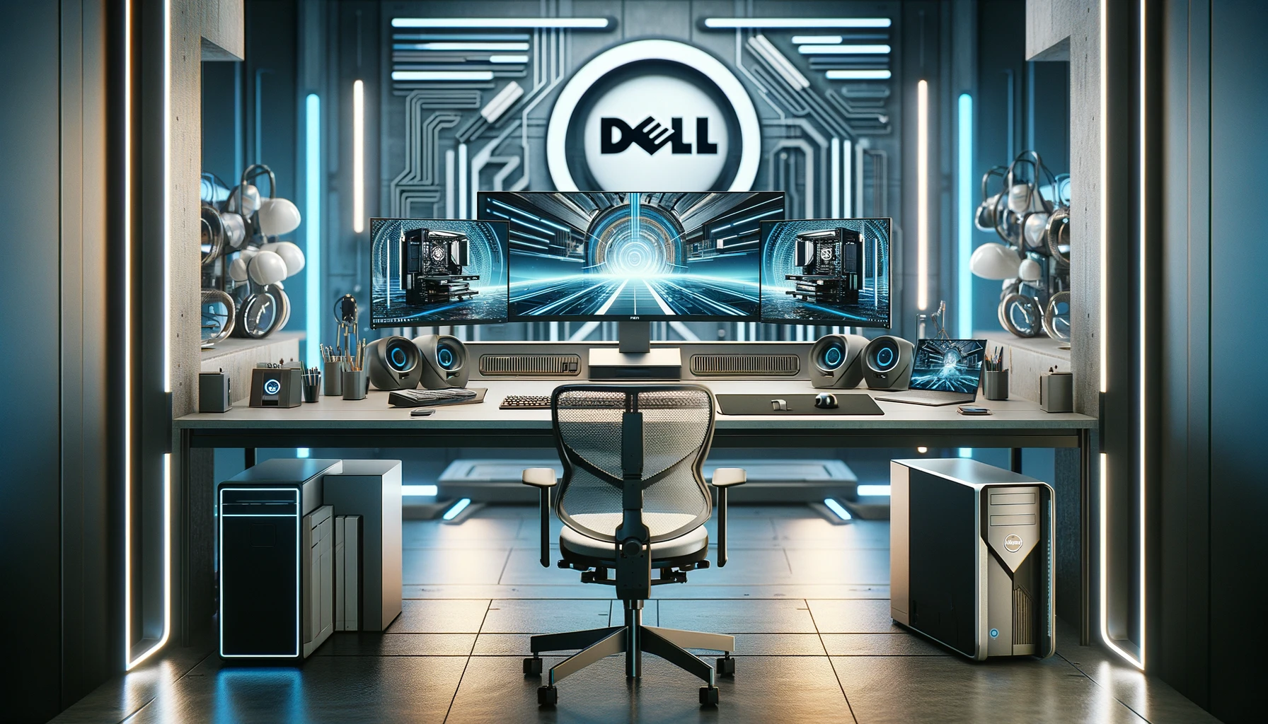 The image above illustrates a stock photo of an innovative tech workspace, featuring a high-performance Dell computer setup that includes dual monitors, an ergonomic keyboard, and a precision mouse, all designed to cater to professionals and gamers in a high-tech environment.