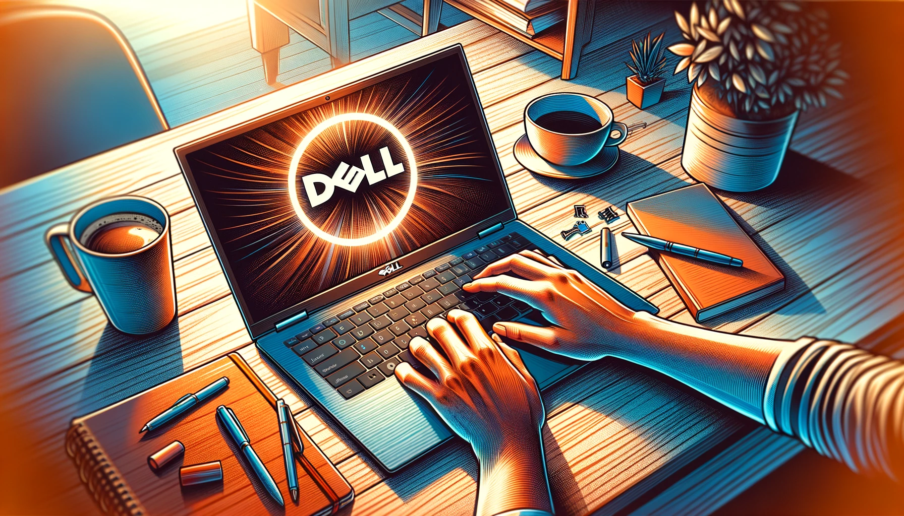 The image above presents a vibrant and engaging stock photo of a Dell Inspiron laptop, capturing a comfortable and productive home office setting with personal touches that convey warmth and creativity.