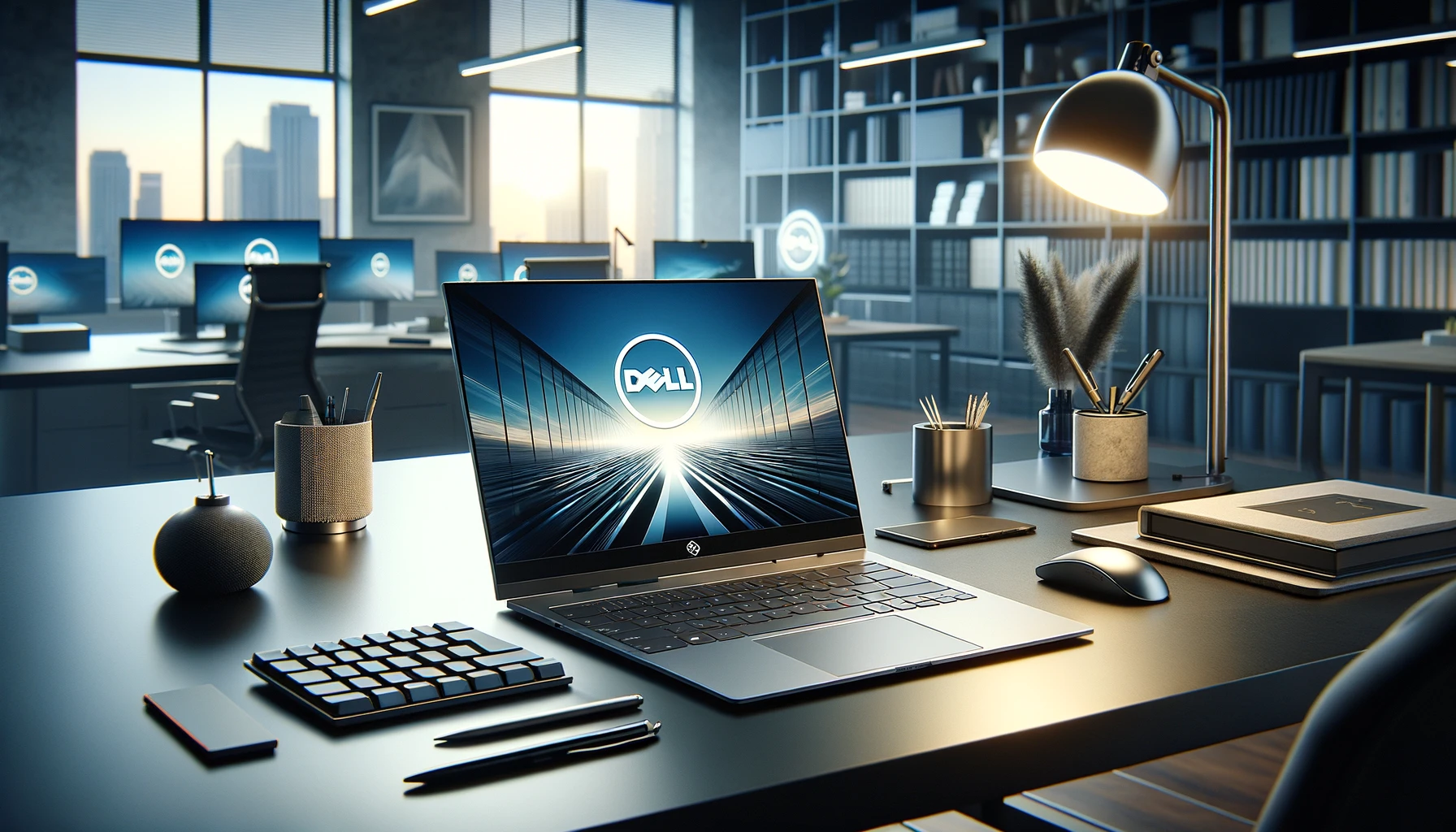 The image above features a stock photo of a Dell XPS laptop set in a professional office environment, highlighting a modern and sophisticated workspace designed for high performance and productivity.