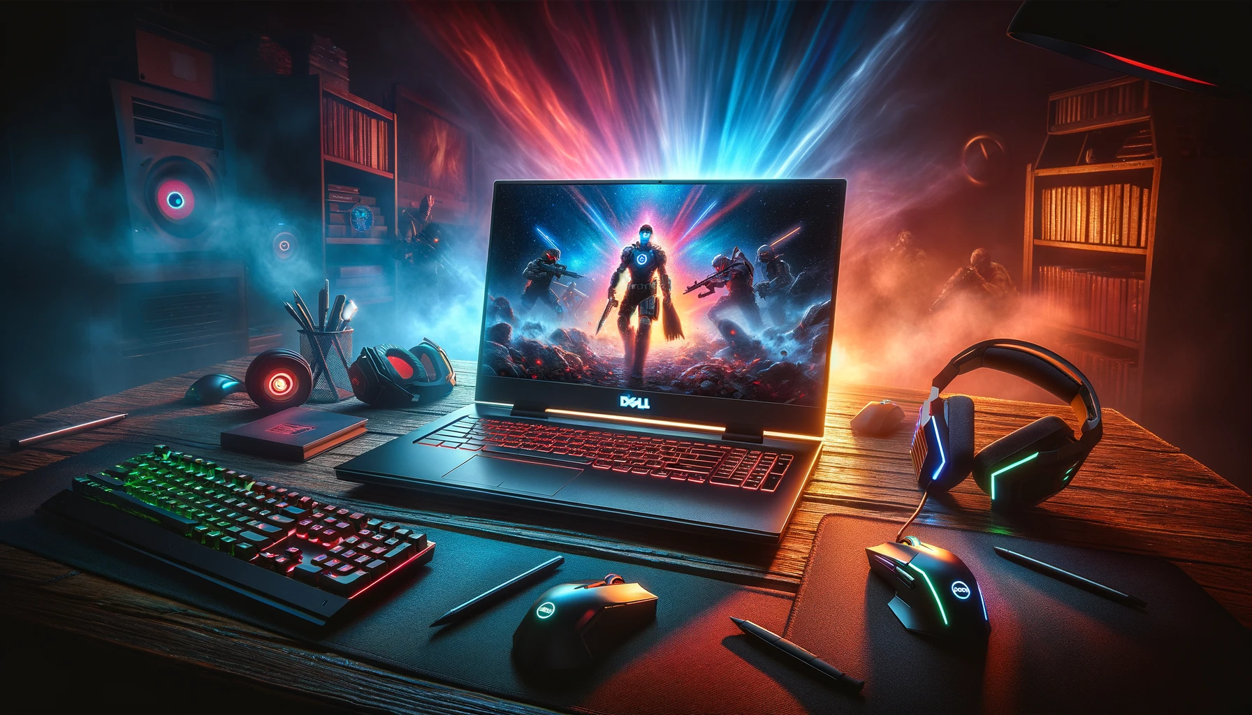The image above captures a Dell gaming laptop, model G5, set in a dynamic gaming environment, highlighted by RGB lighting and equipped with gaming peripherals, showcasing the intensity and excitement of gaming.