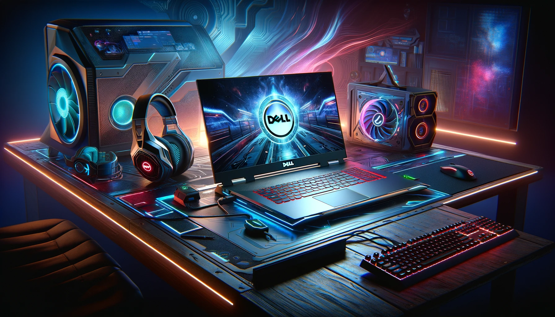 The image above presents a 3D stock photo of a Dell gaming laptop, set within a high-tech gaming environment, illuminated by dynamic RGB lighting to emphasize its advanced gaming capabilities and the immersive world of gaming technology