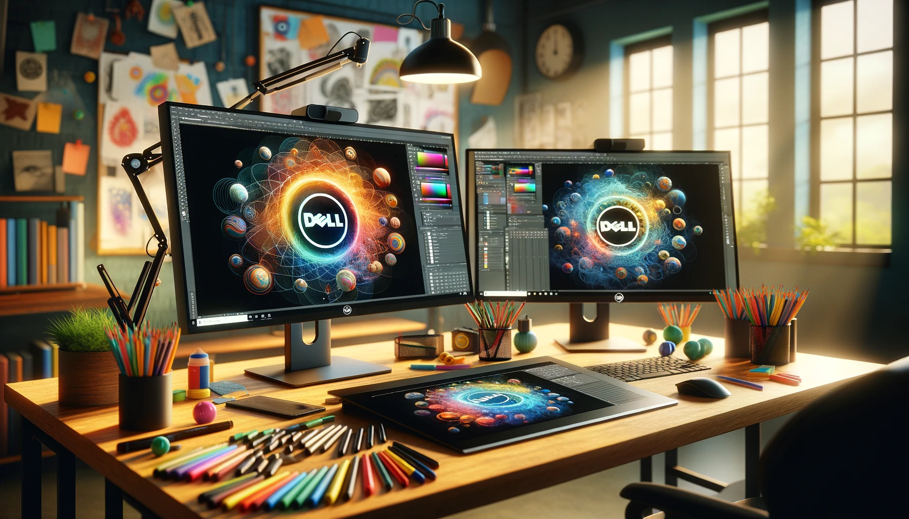 The image above features a 3D stock photo of a Dell computer setup within a creative workspace, highlighted by dual monitors on a Dell Precision workstation and surrounded by various design tools, embodying a vibrant and productive studio atmosphere. dell-computer-repair-ny-ny