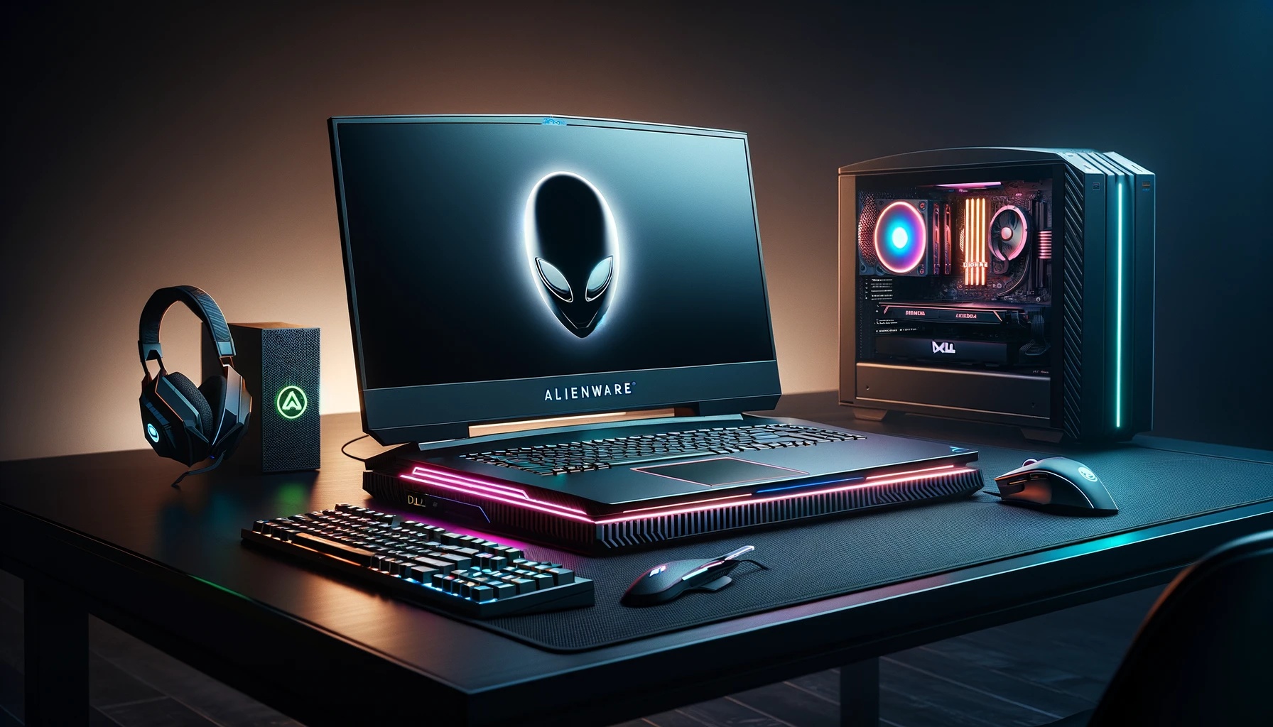 The image above showcases a 3D stock photo of a Dell Alienware gaming laptop, set against a minimalistic gaming setup with high-performance accessories, all under the glow of subtle RGB lighting, highlighting the elegance and power of Dell's gaming technology.