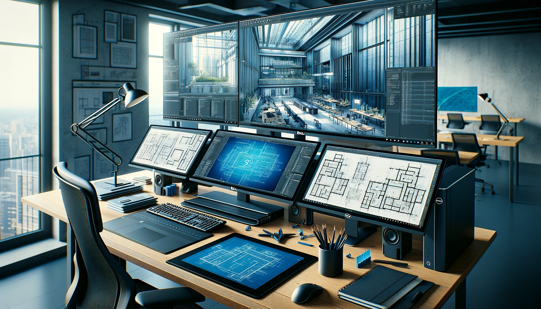 The image above features a 3D stock photo depicting a professional Dell workstation in an architectural design office, showcasing a high-end Dell Precision desktop with architectural plans and models on the monitors, set in a modern office space bathed in natural light.