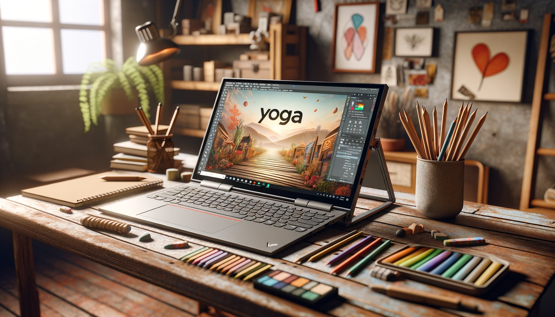 The image above depicts a visually engaging 3D stock photo of a Lenovo Yoga laptop in a creative workspace setting, surrounded by artistic tools and positioned to highlight its versatility and support for creativity and productivity.