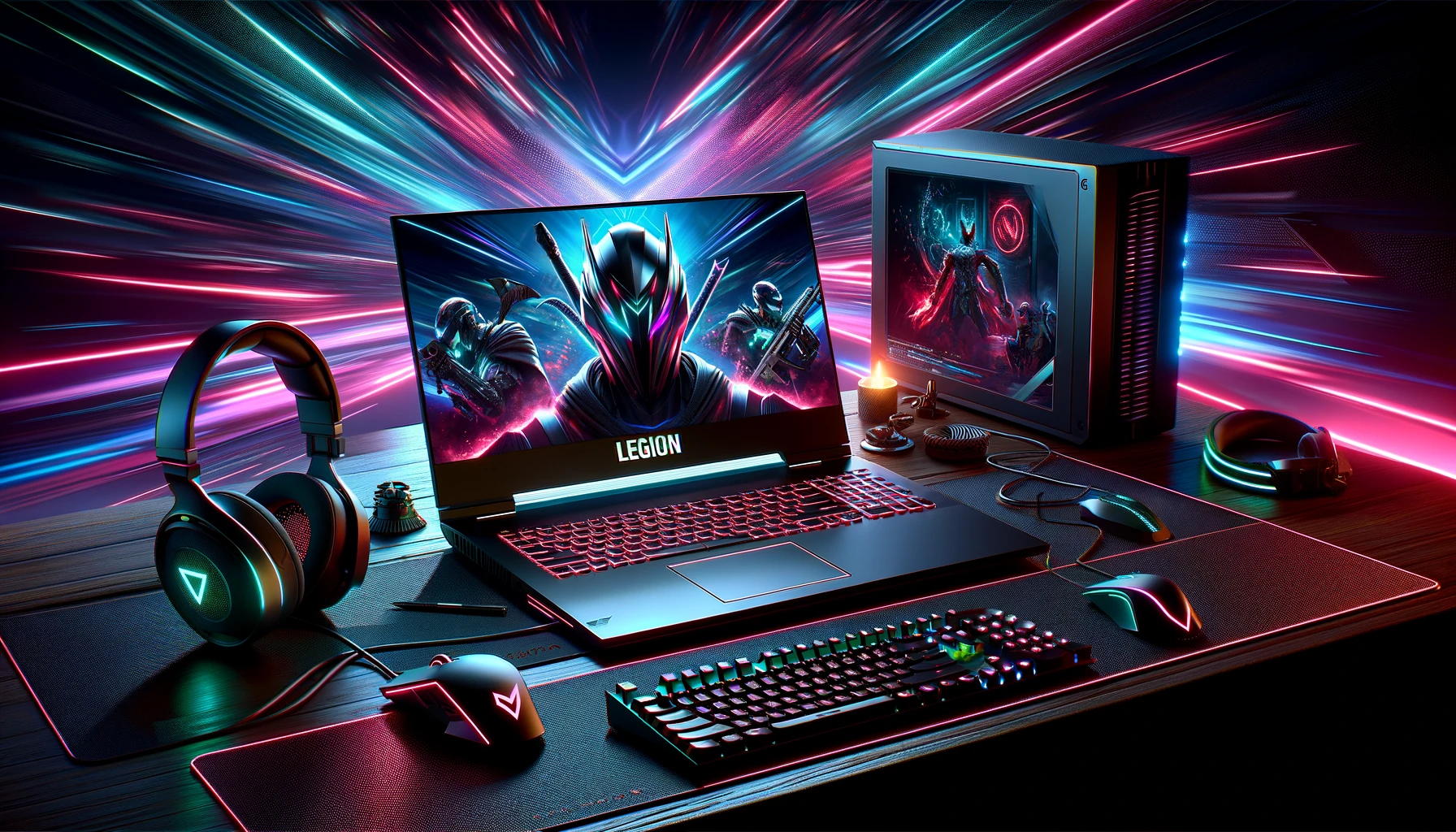 The image above showcases a 3D stock photo illustrating a Lenovo Legion gaming laptop within an intense gaming setup, highlighted by futuristic design elements and vibrant RGB lighting to evoke the thrilling atmosphere of the gaming world.