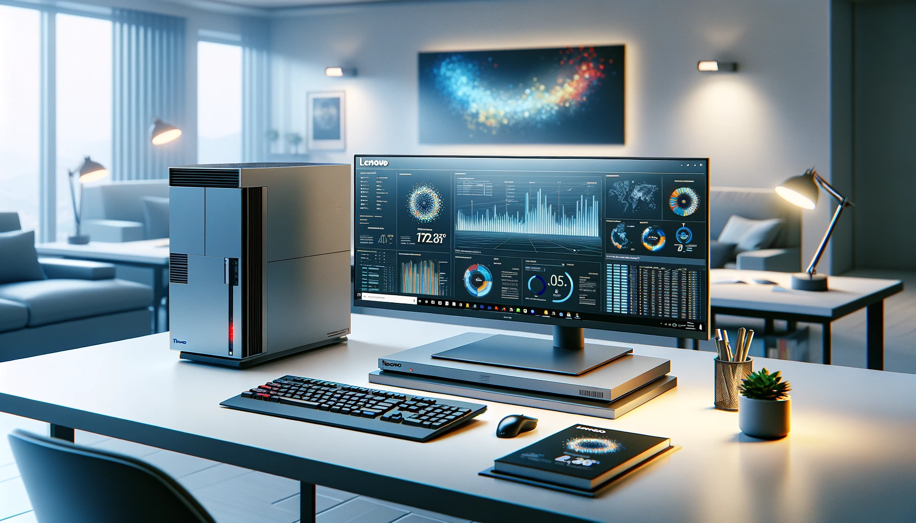 The image above depicts a 3D stock photo featuring a Lenovo ThinkCentre desktop setup in a corporate office environment, showcasing a professional and efficient workspace designed to emphasize reliability and productivity.