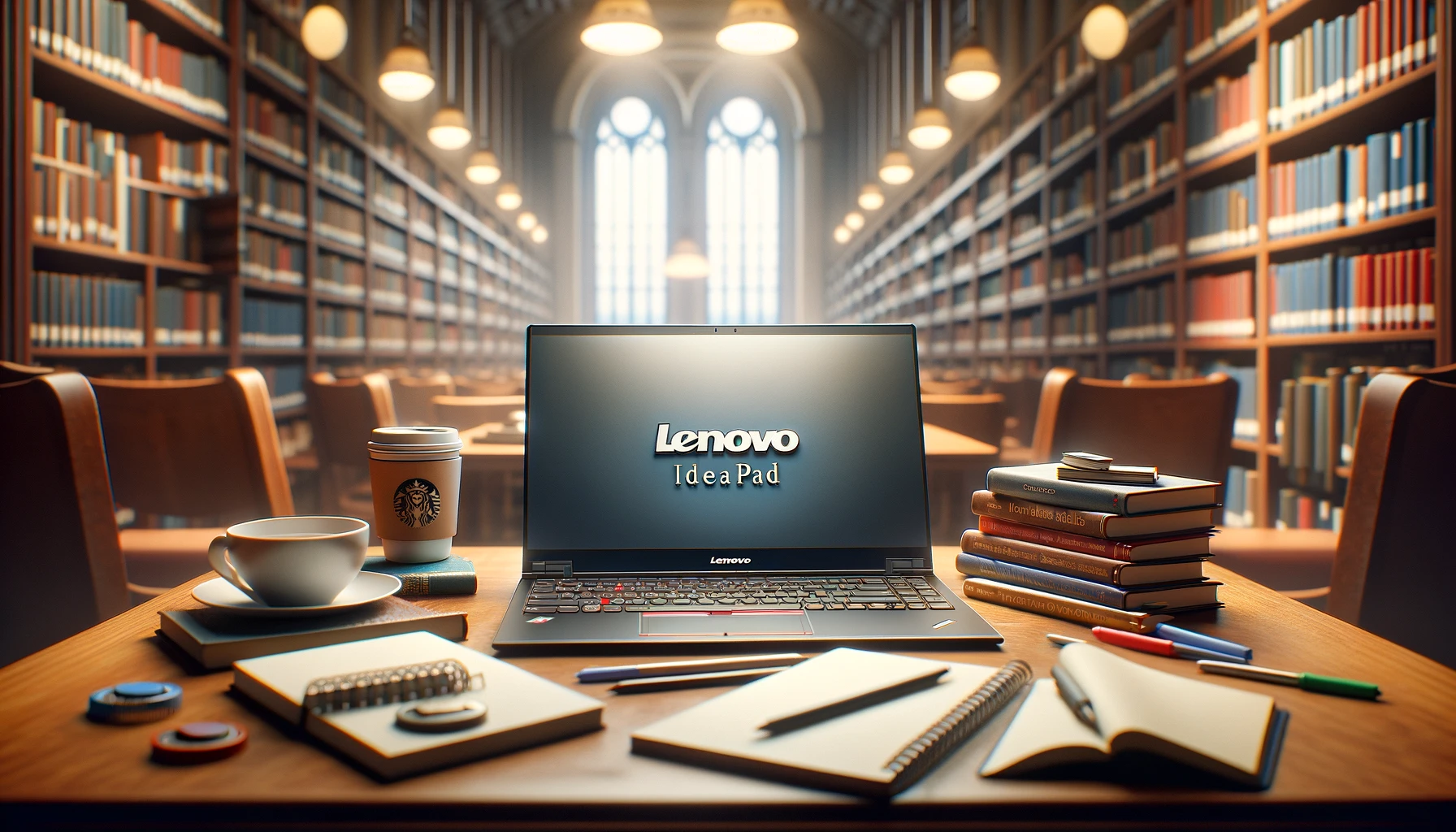 The image above features a 3D stock photo showcasing a Lenovo IdeaPad laptop in a university library setting, surrounded by study materials, highlighting the integration of technology with traditional learning resources to support education and creativity.