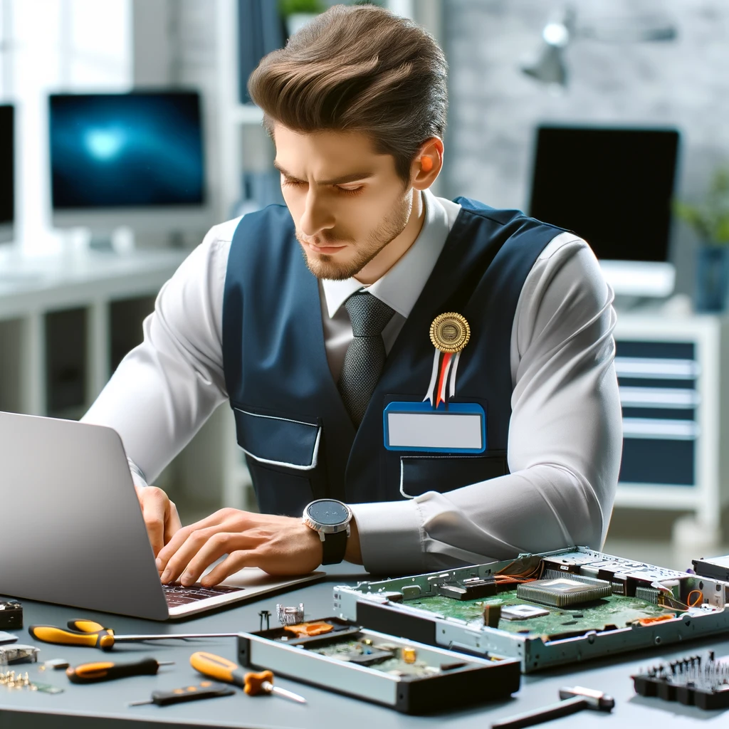 A professional computer repair technician seated at a workbench, surrounded by tools and parts, focusing on repairing an open laptop, symbolizing expertise and dedication in computer repair.