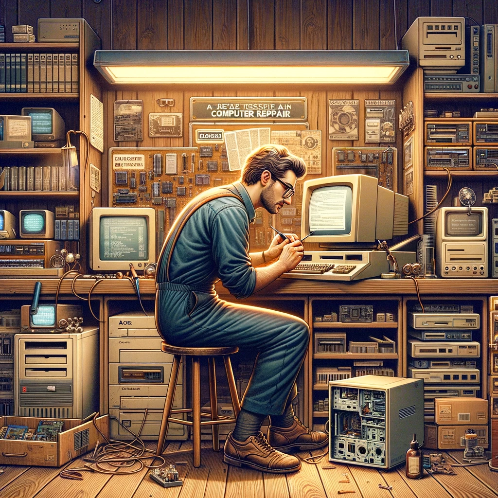 In a vintage-themed computer repair shop, a technician dons a retro outfit while meticulously working on a classic computer. The shop is adorned with nostalgic computing equipment, wooden shelves filled with software manuals, and vintage tech magazines, showcasing the timeless skill and charm of vintage computer maintenance.