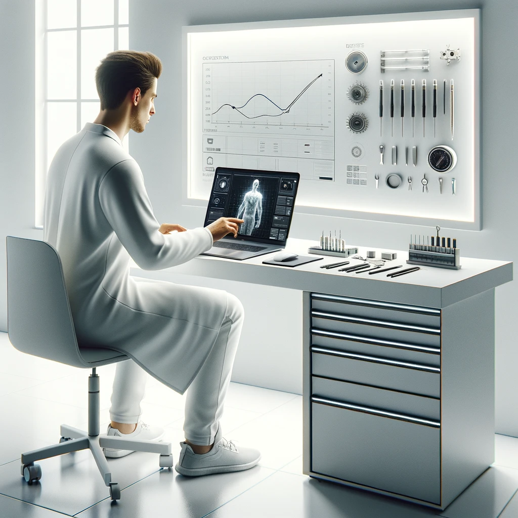 In a modern minimalist workshop, a computer repair technician, clad in a white lab coat, focuses intently on repairing a sleek, latest-model laptop. The clean, bright environment with a stark white background highlights simplicity and efficiency, showcasing professionalism and expertise. Beside the technician, a set of precision tools and a digital diagnostic display provide real-time analysis, emphasizing meticulous care and attention to detail in contemporary computer repair.