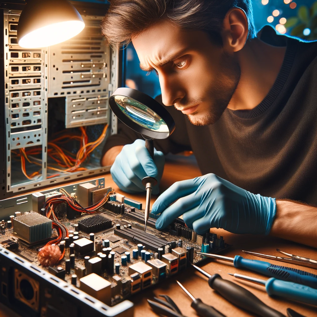 A computer repair technician, focused and precise, inspects a motherboard with a magnifying glass, highlighting the complex circuitry. The well-lit workspace showcases an array of specialized tools and the technician's expertise with a soldering iron, emphasizing the meticulous attention to detail and technical skill required in computer repair.