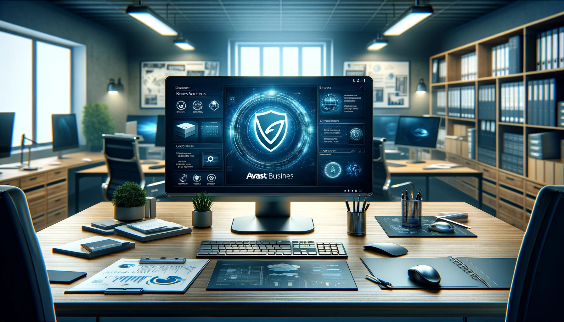 The image above features a 3D stock photo depicting Avast Business Solutions in a corporate office setting, showcasing the interface on a central monitor and highlighting its integral role in cybersecurity within modern business operations.