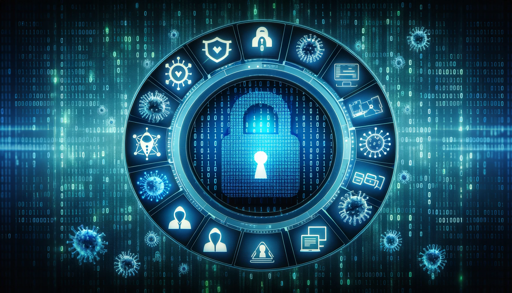 a digital lock icon against a background of binary code, surrounded by representations of various cybersecurity threats, conveying a strong message of digital data protection and security.
