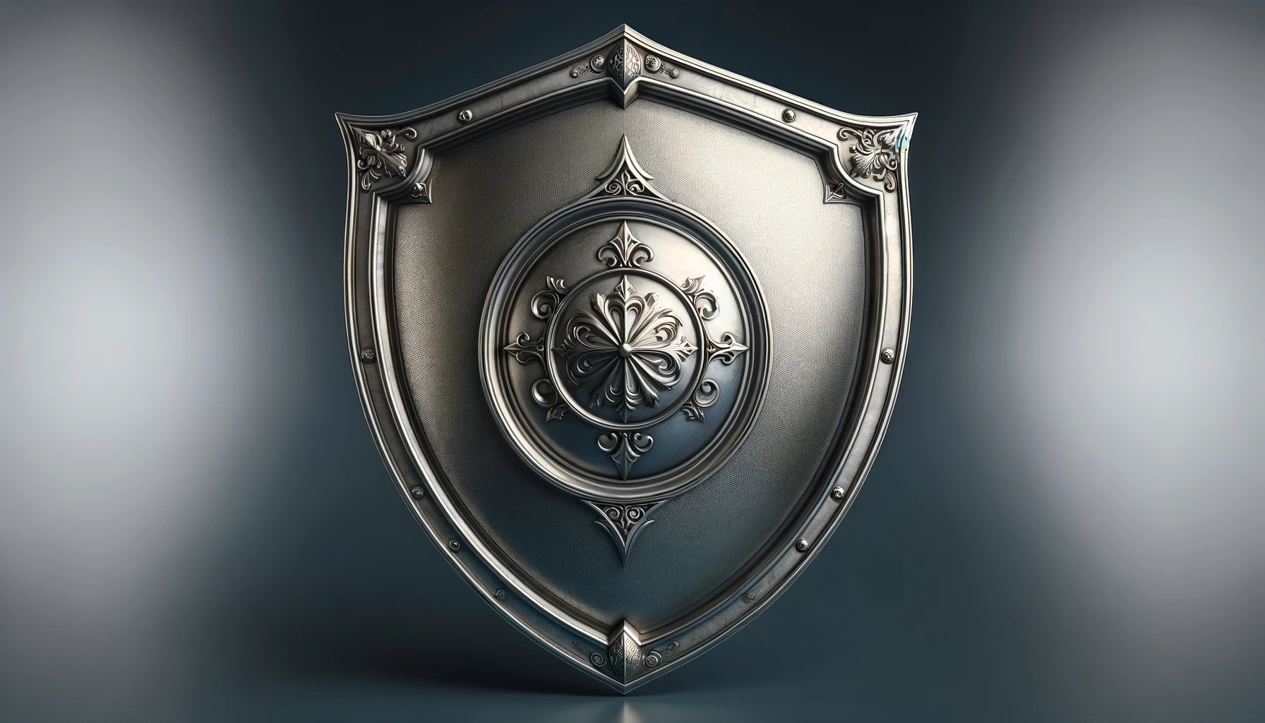 The image features a classic shield design with a polished metallic surface and a simple yet elegant emblem at the center, set against a minimalist background. The shades of silver and gray highlight the shield's robustness, evoking a sense of security, protection, and timeless resilience.