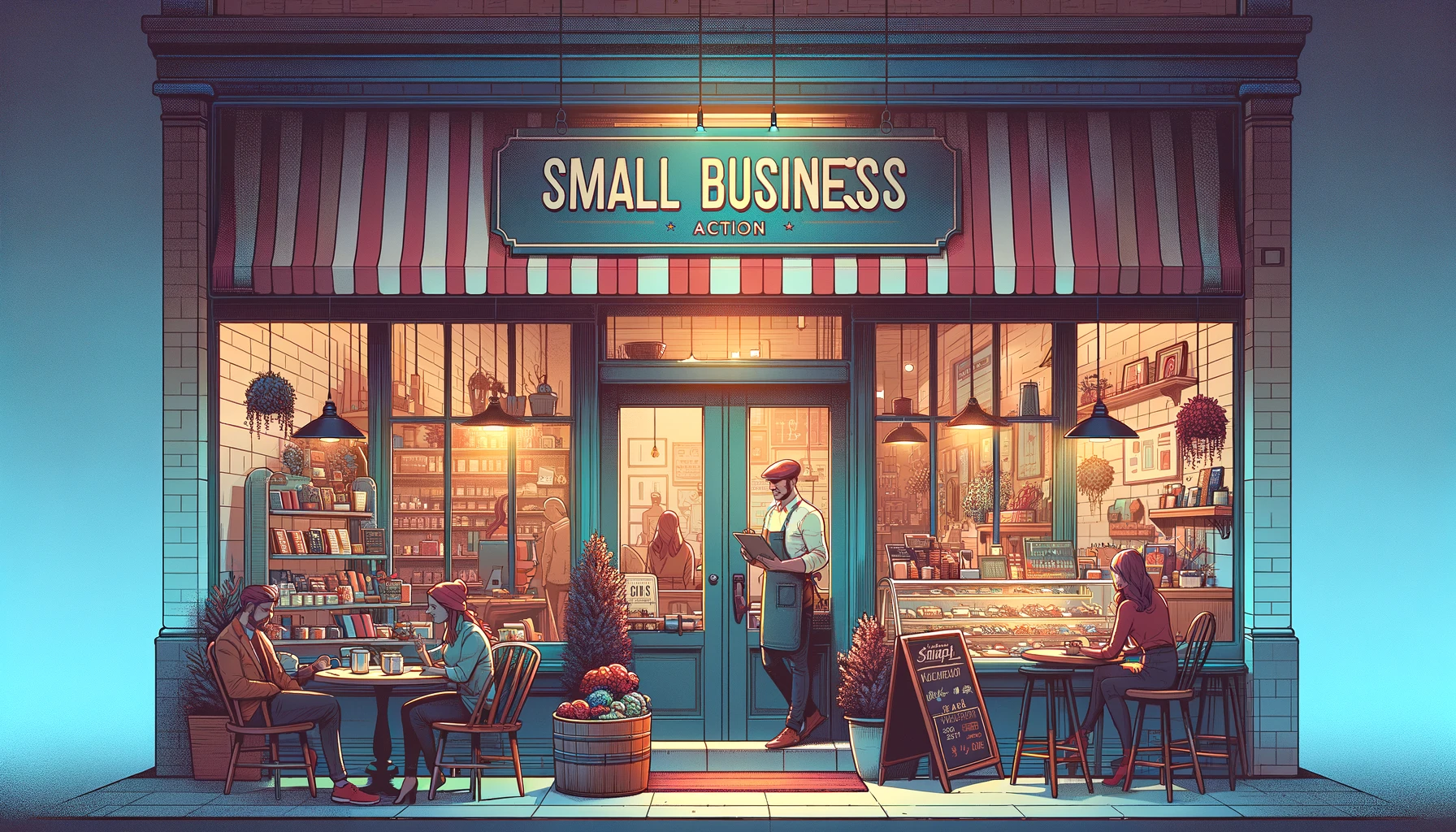 The image showcases a vibrant and cozy small business scene, featuring a storefront with a welcoming sign and an interior where an owner engages with customers, highlighting the warmth, community, and entrepreneurial spirit characteristic of small enterprises