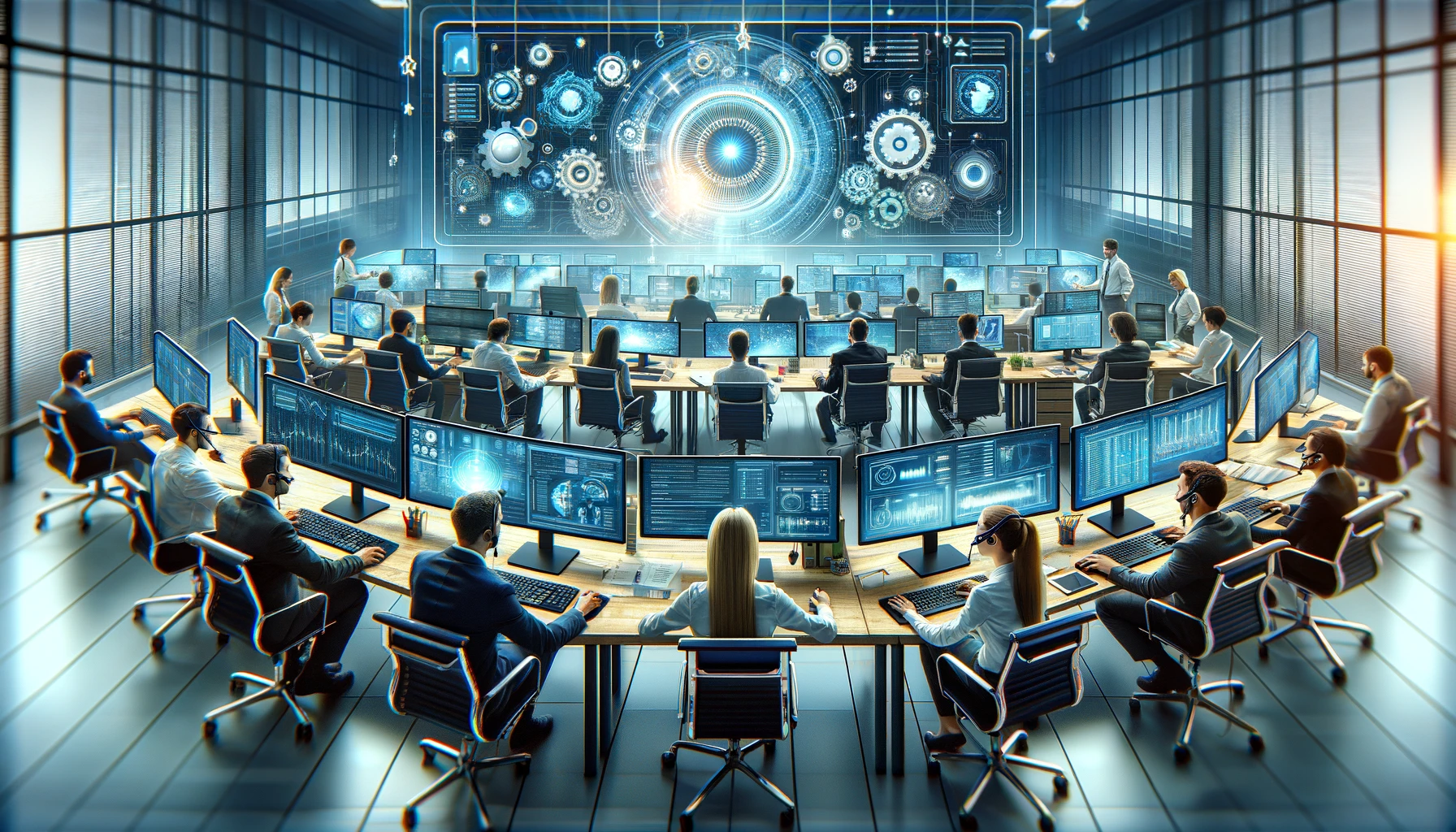 The image depicts a professional IT support team collaboratively working in a corporate environment, surrounded by computer monitors and engaged in various tasks to ensure the smooth operation of technological systems, embodying the essence of teamwork and expertise in IT support.
