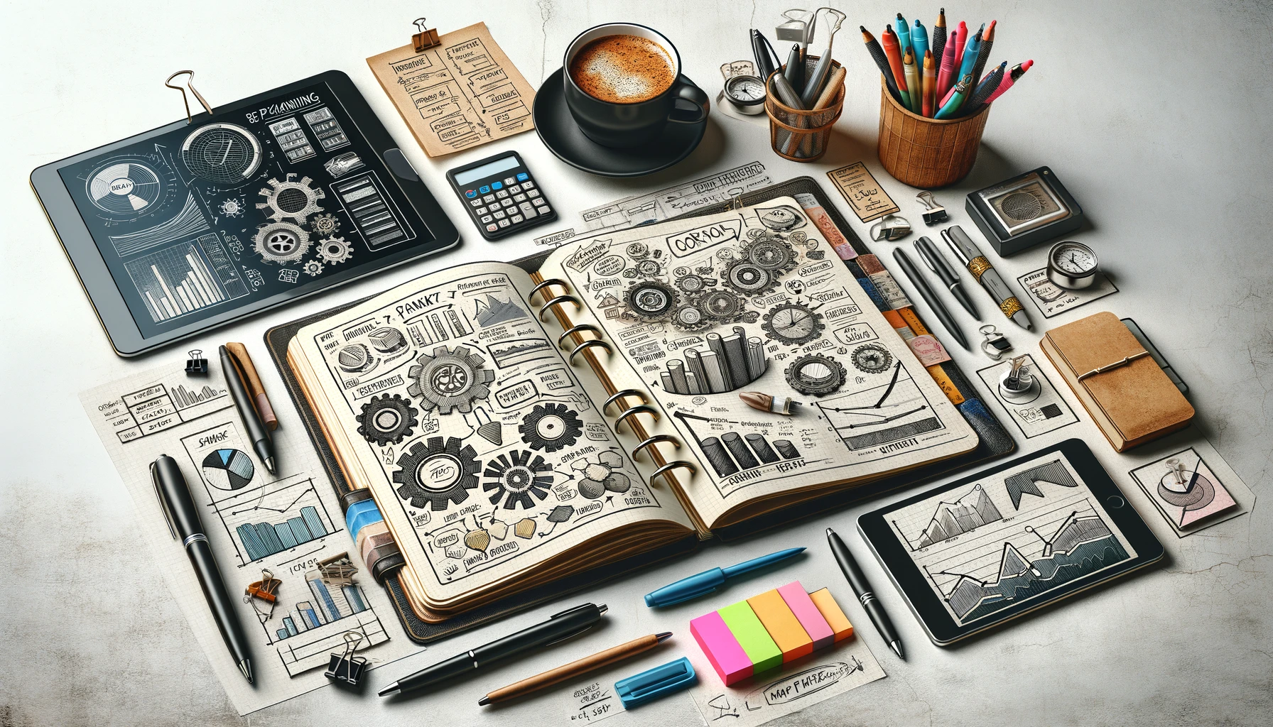 The image showcases a detailed and engaging representation of business planning, featuring a notebook with strategic notes and a digital tablet with market analysis on a desk, symbolizing dedication and strategic thinking in a professional setting.