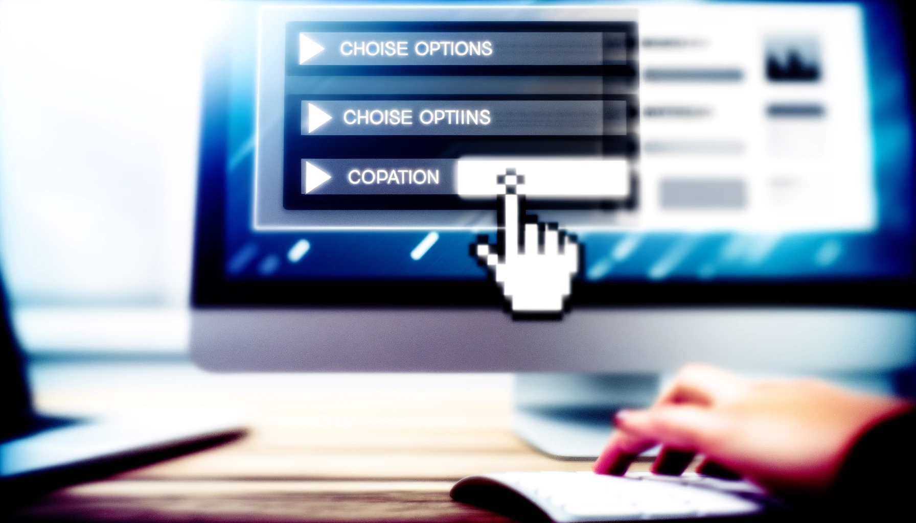The images depict the concept of choosing options on a computer screen, featuring a close-up view of a monitor displaying a graphical user interface with several options, emphasizing the ease and efficiency of digital decision-making and customization.
