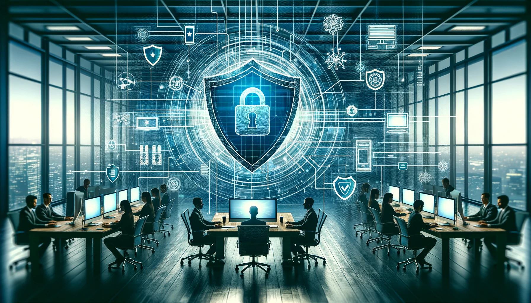 The image designed captures the essence of cybersecurity within a corporate setting, featuring a symbolic shield overlaying a network of connected devices, set against the backdrop of a modern office environment, and emphasizing protection and safety in the digital realm.