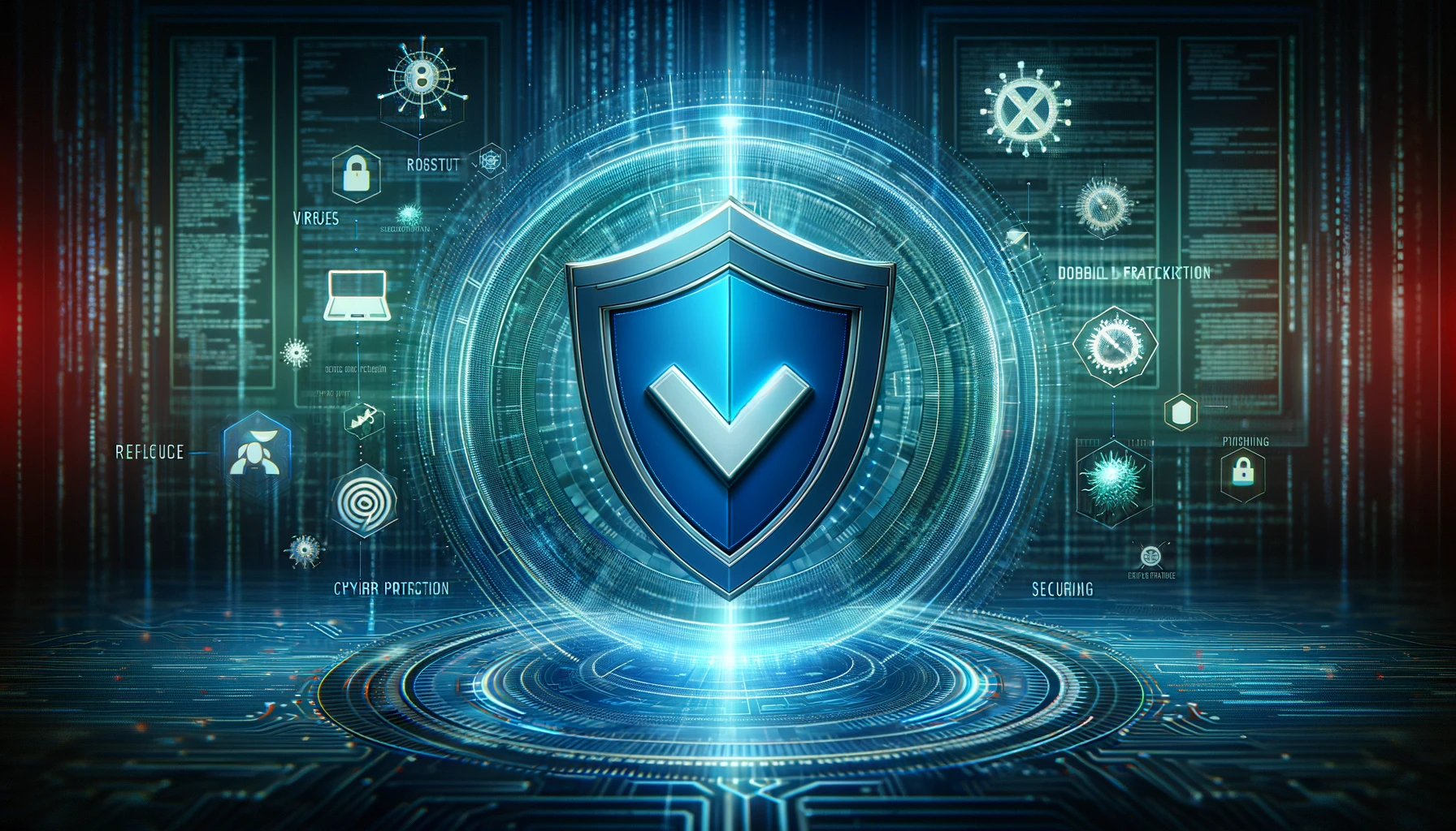 The image showcases a digital shield icon in the center, representing antivirus protection, set against a backdrop of digital code and cyber threats, conveying a message of security and reliability in safeguarding digital information.