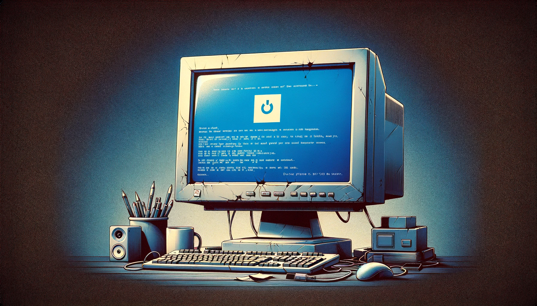 The image designed showcases a generic computer monitor with a blue screen, symbolizing a system crash or error, set in a typical workspace environment to evoke the challenges of dealing with computer errors.
