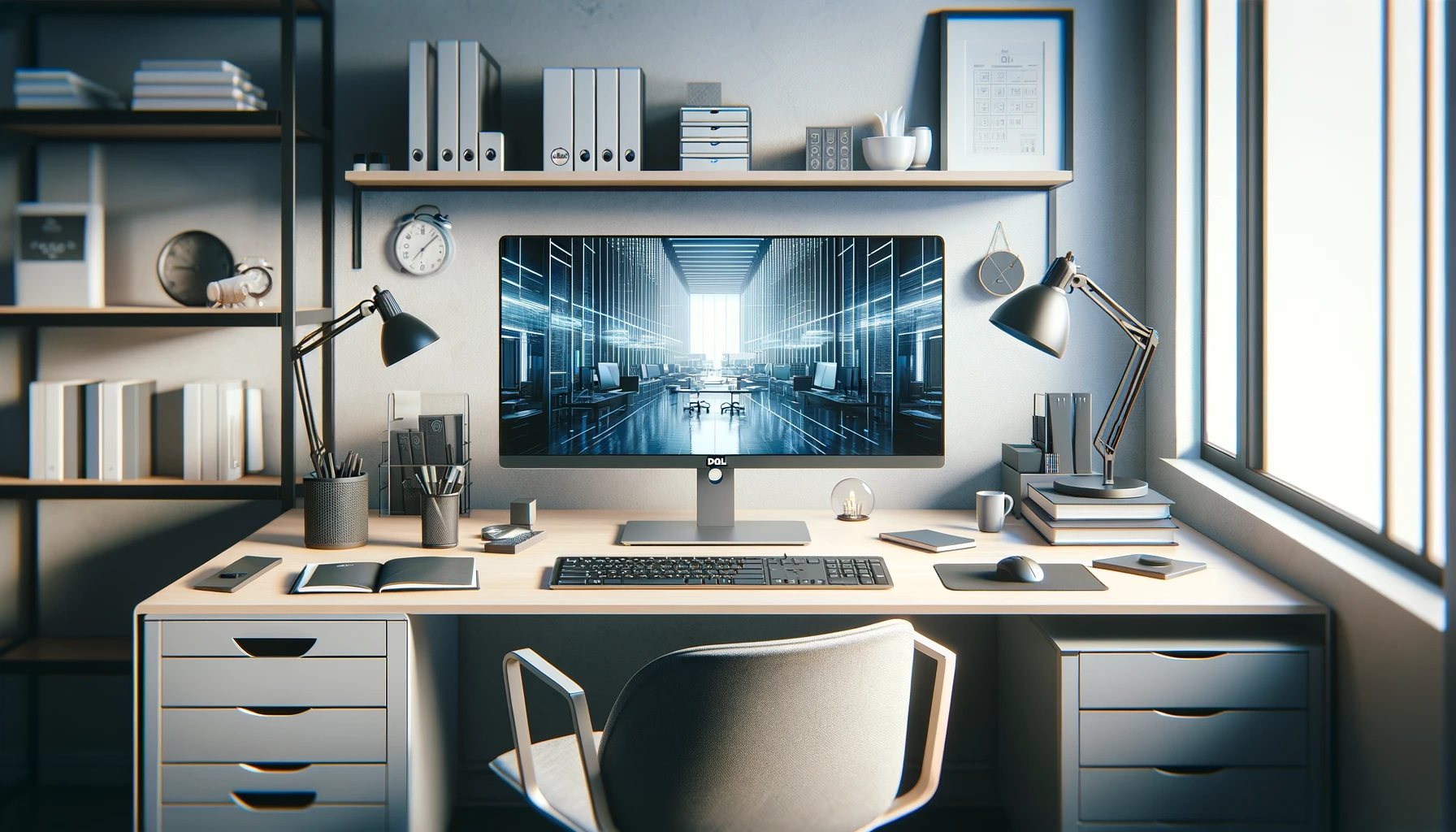 The image showcases a modern office setup featuring a Dell computer, complete with office accessories, emphasizing a productive and professional work environment with a contemporary and minimalistic design.