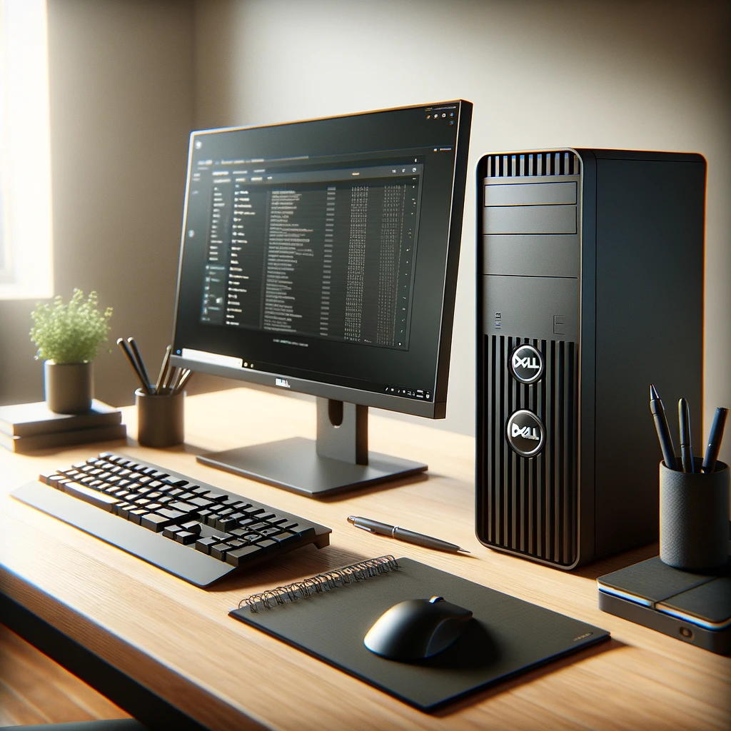 A realistic depiction of a Dell desktop computer setup, including a black Dell tower case, a slim-bezel Dell monitor, keyboard, and mouse on a light wood desk. Office supplies like a notebook, pen, and a small potted plant are arranged neatly to the side. Soft, natural light from a window illuminates the productive and inviting workspace.