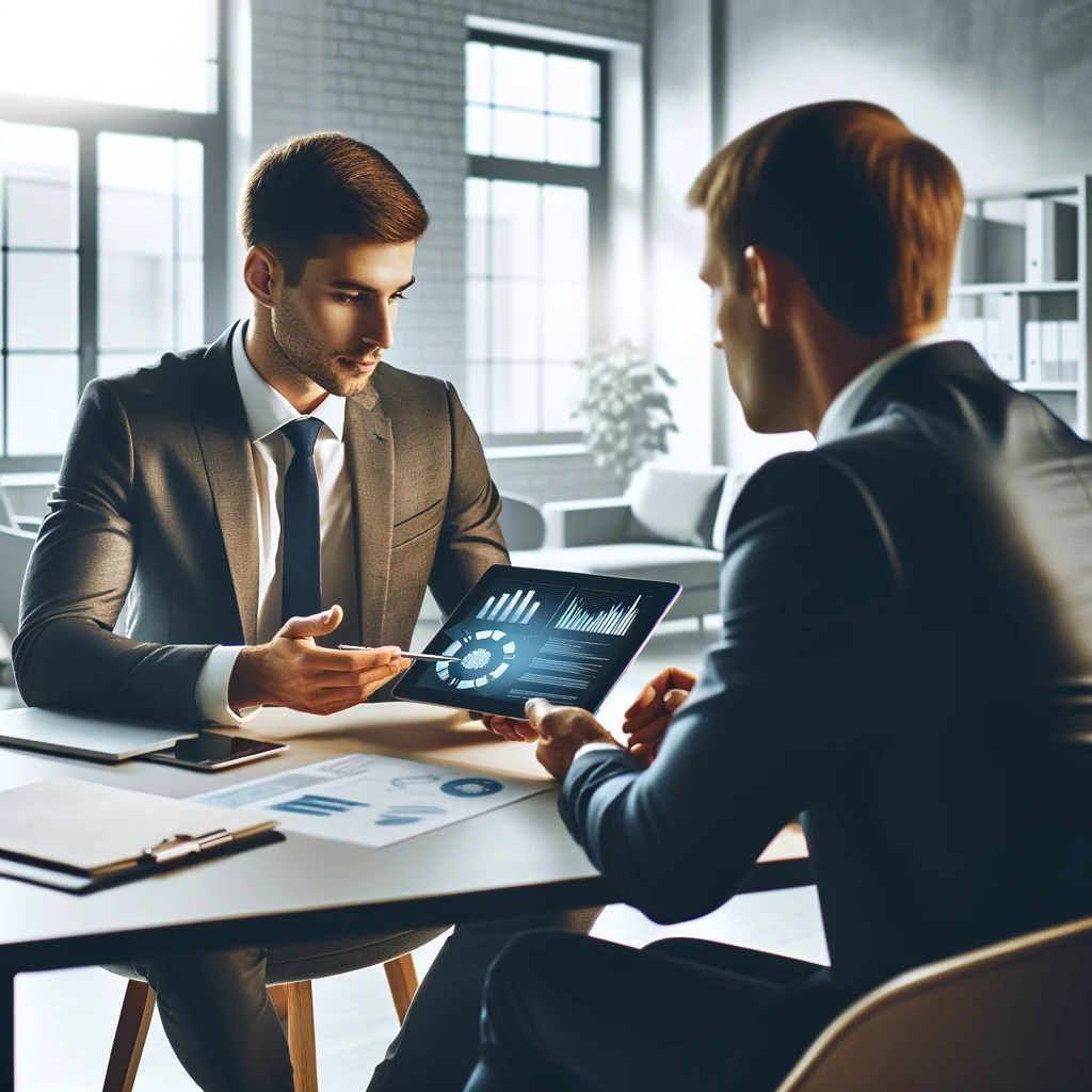 A professional image suitable for stock photo usage, showing a consultant or advisor in smart business attire, presenting solutions on a digital tablet with graphs and data to a client across the table. The scene takes place in a well-lit, modern office with minimalistic decor, emphasizing trust, effective communication, and a focused consultation session.