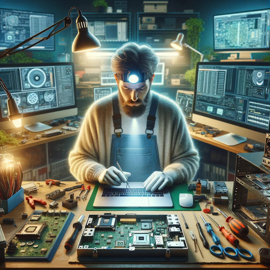 A detailed and realistic depiction of a computer repair technician at work in a well-organized tech repair shop. The technician, equipped with a magnifying headlamp and an anti-static wristband, is intently focused on repairing a laptop. The workbench is scattered with various computer parts and tools, including soldering irons and screwdrivers. Surrounding the technician are multiple monitors displaying diagnostic software and an open desktop computer, highlighting the blend of technology and expertise in diagnosing and repairing computer hardware.