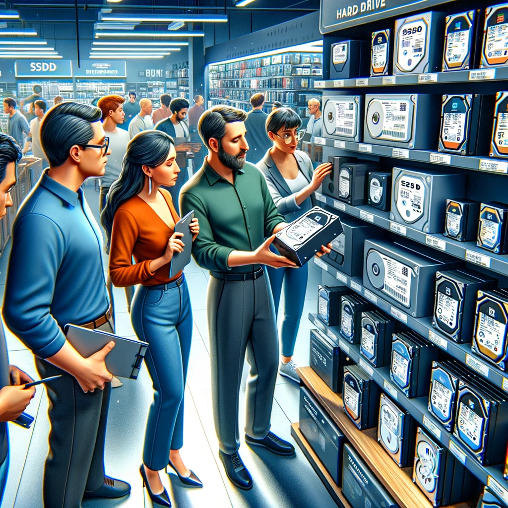 image showing people shopping for a hard drive in a modern electronics store. If you have any other requests or need further assistance, just let me know!