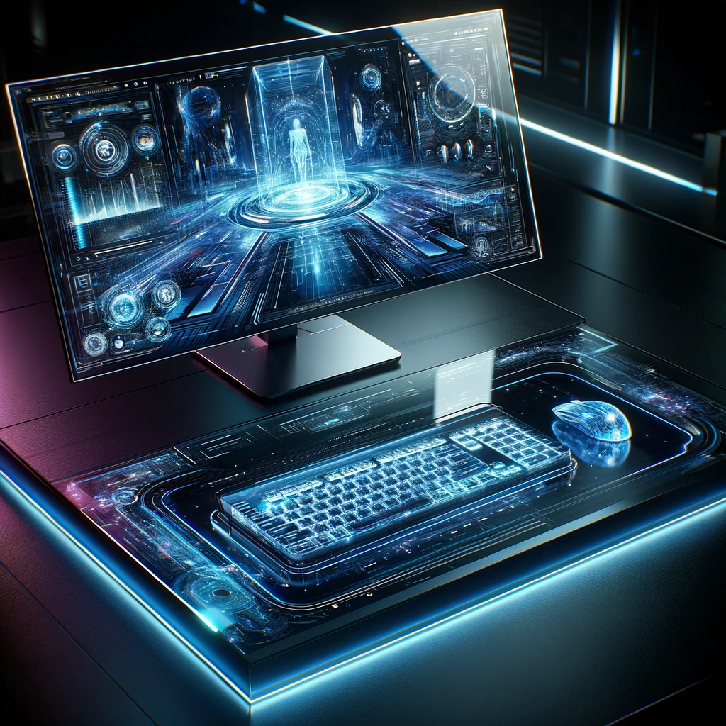 A futuristic computer setup with a floating transparent display and holographic keyboard, illuminated by ambient neon lighting in shades of blue and purple, showcasing advanced technology in a sleek, immersive environment.