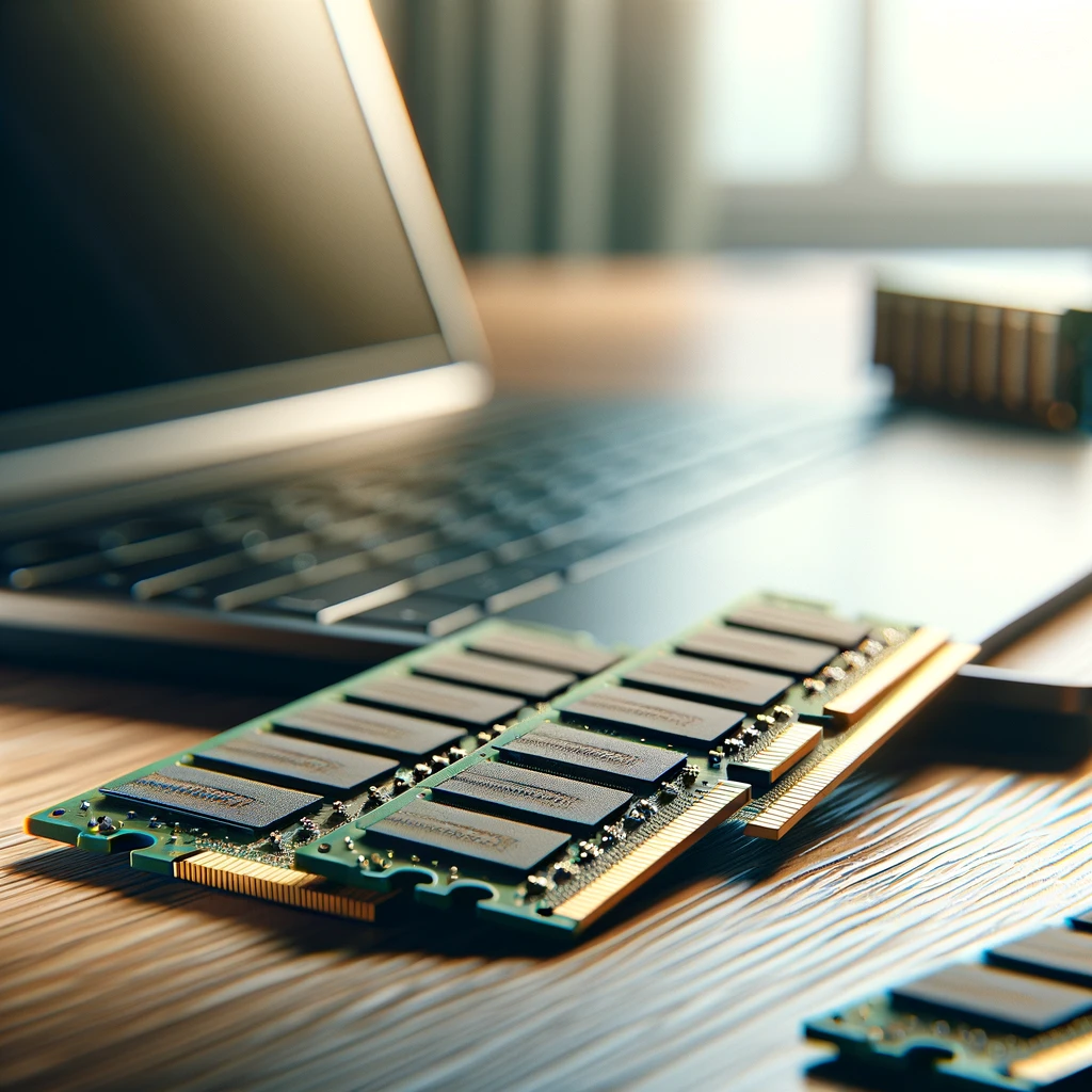 Close-up of laptop RAM modules on a desk with gold-plated connectors and a blurred laptop in the background, symbolizing an upgrade.