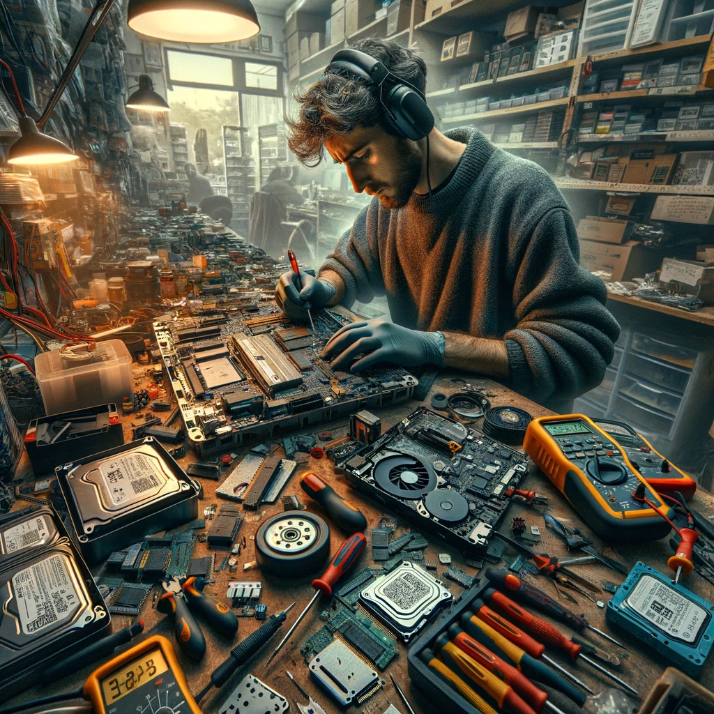 A Los Angeles computer repair technician works at a cluttered bench with tools and computer parts, embodying the dynamic tech repair scene.