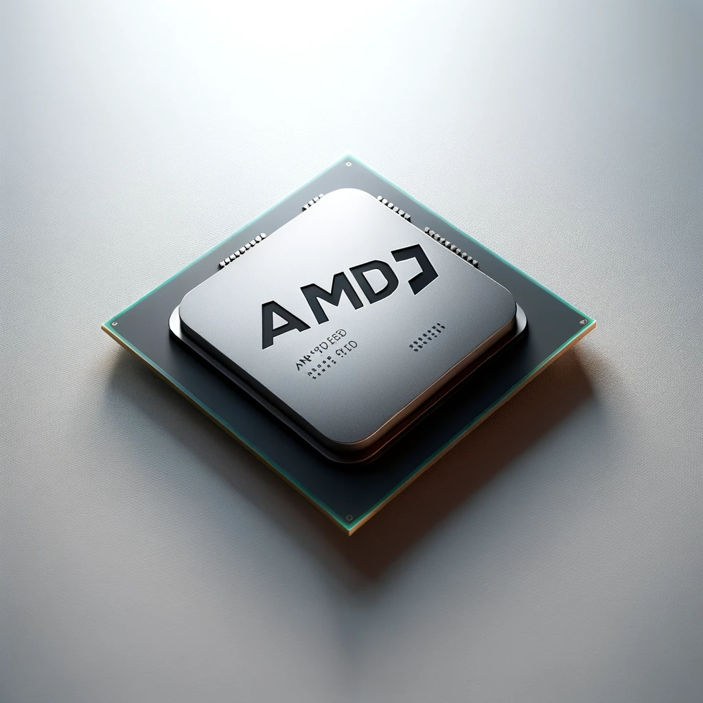 A top-down view of an AMD processor on a neutral background, showcasing its distinctive design and the iconic AMD logo, ready for installation.