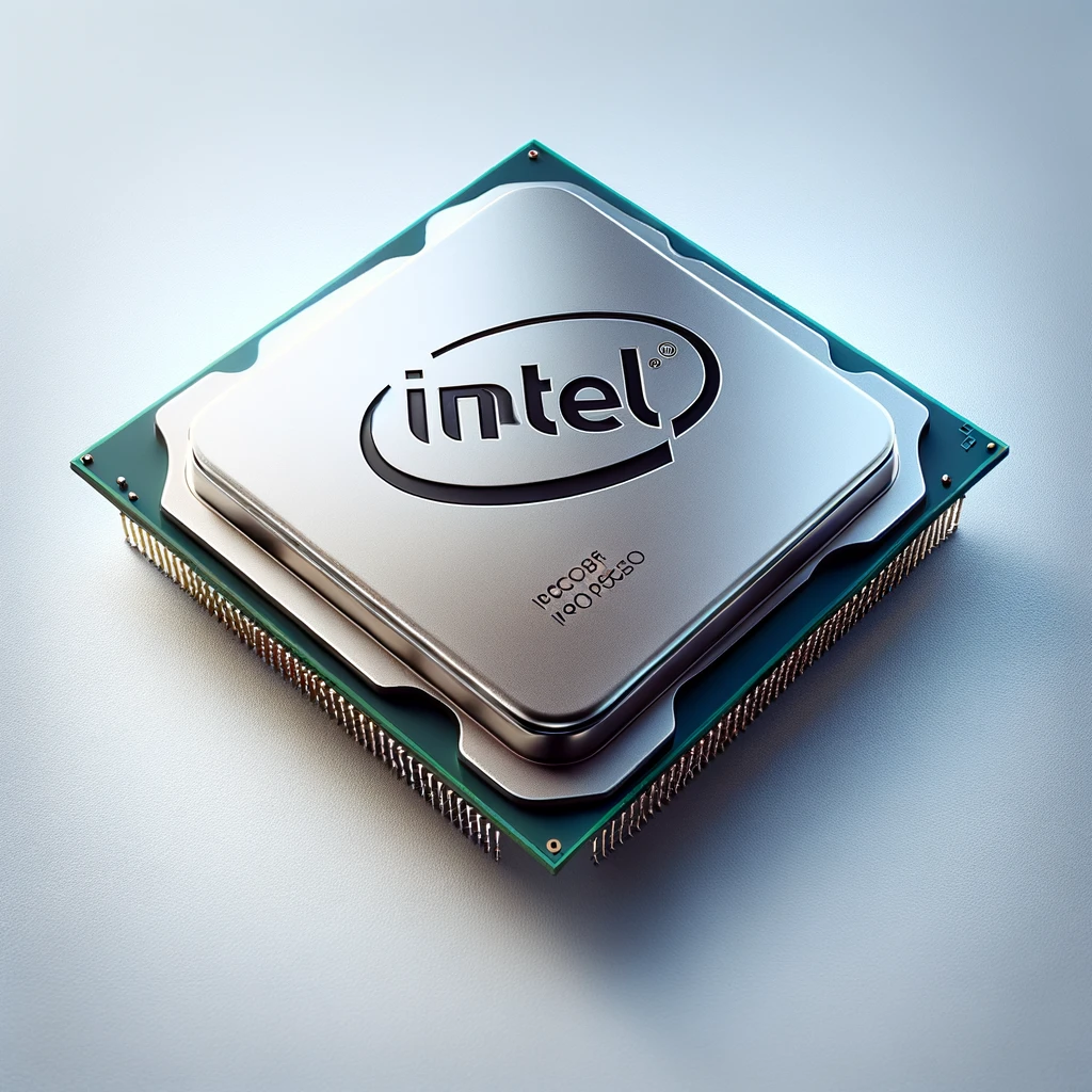 A detailed view of an Intel processor against a plain background, highlighting the Intel logo and sleek surface, ready for motherboard integration.