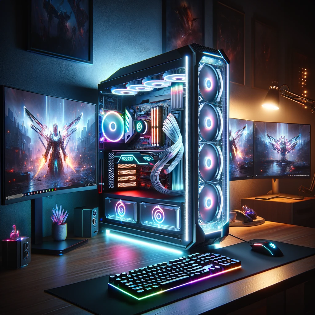 A high-tech, supercharged desktop computer setup with LED-lit components visible through transparent panels, multiple monitors, and RGB backlit peripherals, embodying a gamer's dream environment.