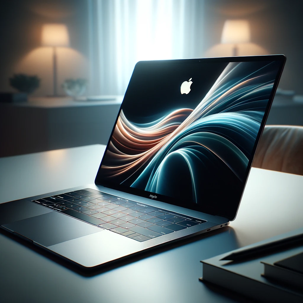 A sleek Apple laptop on an elegant desk, showcasing its high-resolution Retina display and illuminated Apple logo, embodying sophisticated technology.