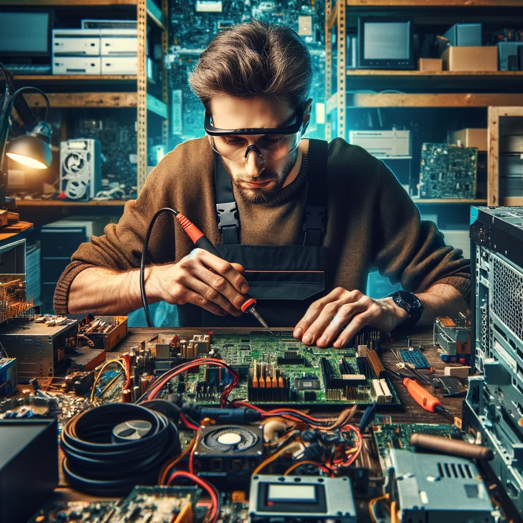 A skilled technician in a computer repair shop works diligently at a cluttered desk with computers and components, wearing protective eyewear and using a soldering iron on a circuit board, surrounded by shelves of parts and tools.