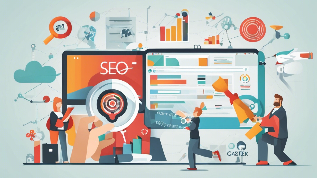 An engaging image depicting the concept of SEO marketing, featuring a laptop with graphs and analytics on the screen, surrounded by icons representing keywords, backlinks, content creation, and social media engagement. The visual metaphor emphasizes the strategic elements of SEO marketing for improving website visibility and ranking on search engine results pages