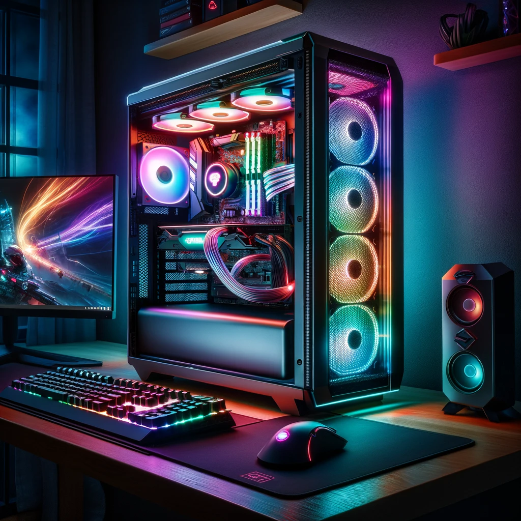 a high-end gaming PC setup for you. The setup features a sleek, modern tower case with vibrant RGB lighting, showcasing internal components through a transparent side panel. There's a mechanical keyboard with backlit keys and a high-precision gaming mouse on the desk, complemented by multiple monitors, one of which displays a dynamic, futuristic game. The glowing effects of the PC and peripherals enhance the ambiance in the dimly lit room.