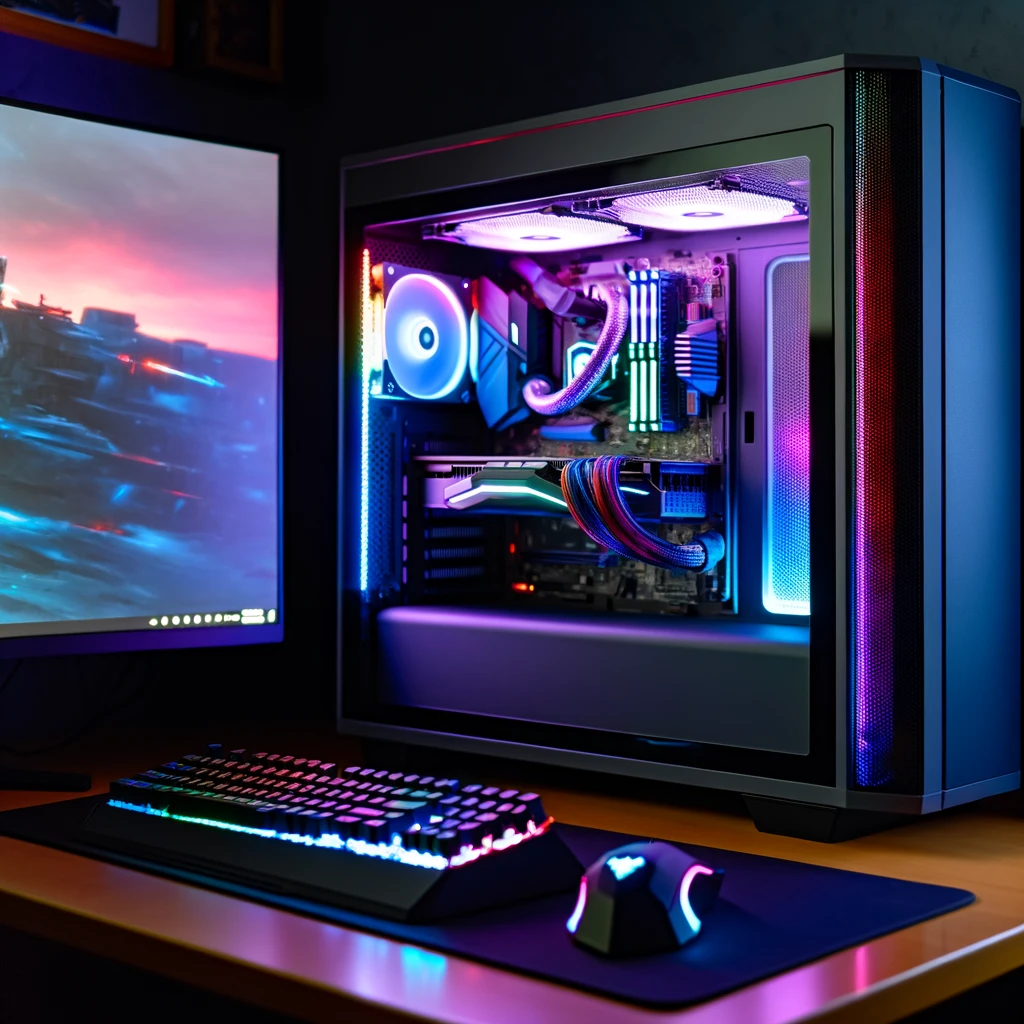 image of a high-end gaming PC setup for you, highlighting the sleek design and vibrant lighting that characterizes a premium gaming environment.