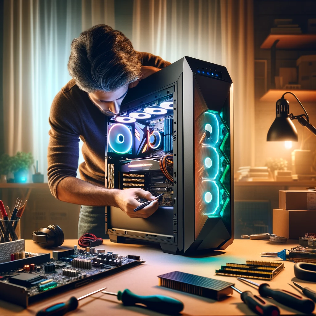mage depicting someone engaged in repairing a high-end gaming PC. The scene captures a person carefully working on the open tower case, equipped with tools and an antistatic wristband for safety. The gaming PC's design is sleek, with its RGB lighting turned off to indicate it's powered down, and various components like the graphics card, RAM, and motherboard are visible. The atmosphere suggests concentration and precision.