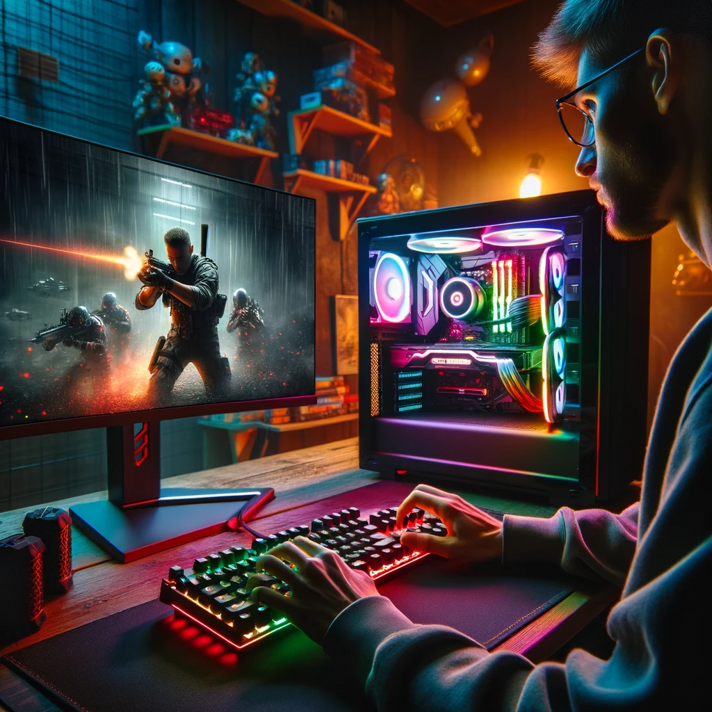 an image showing a person playing a video game on a high-end gaming PC. The setting highlights the immersive gaming environment with vibrant colors from the PC's RGB lighting and the dynamic visuals on the monitor. The gamer is focused, with hands on the controls, surrounded by gaming paraphernalia for a complete gaming experience.