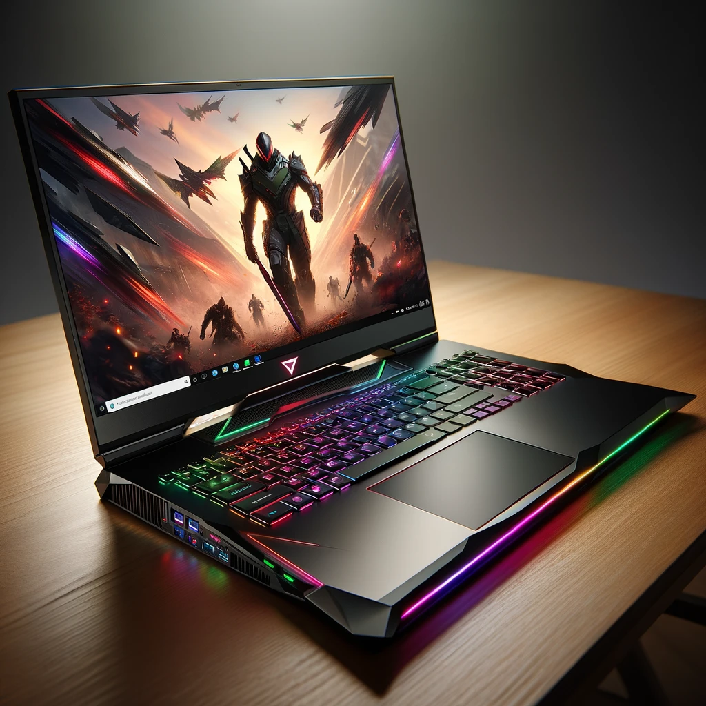 image of a sleek, high-performance gaming laptop for you. The laptop is designed with sharp angles and customizable RGB lighting on the keyboard, set against a minimal desk to highlight its futuristic design and the vibrant gaming experience it provides.